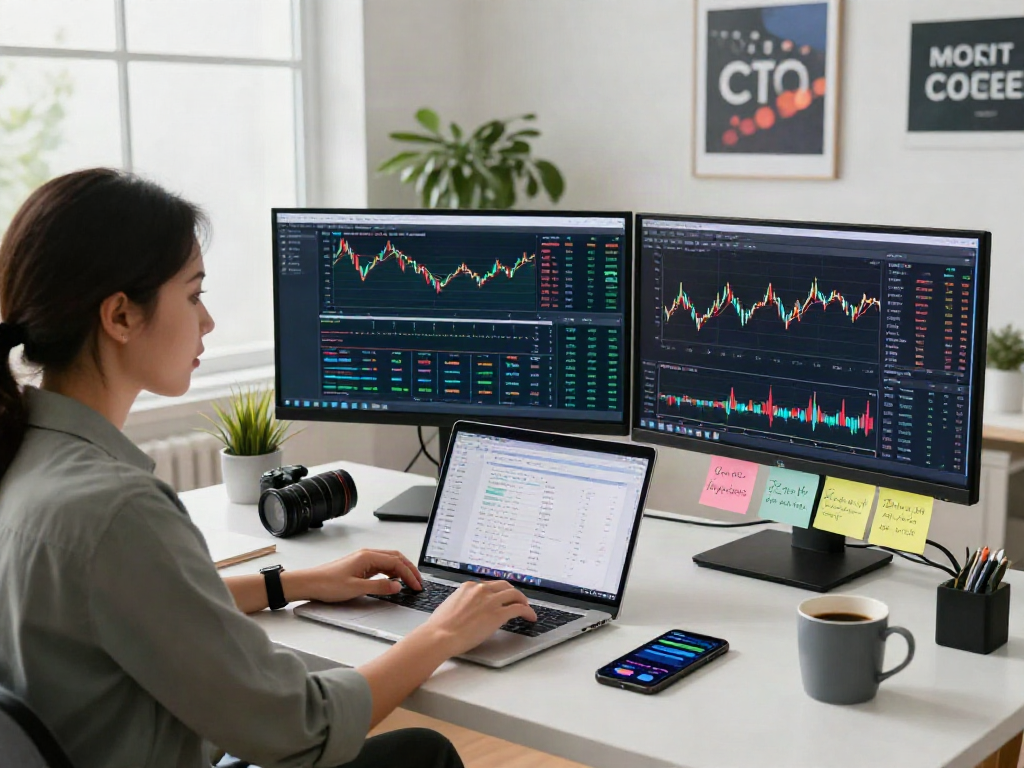 Digital finance analysis at https://www.mpocash.net/ in a modern workspace with cryptocurrency data displayed.