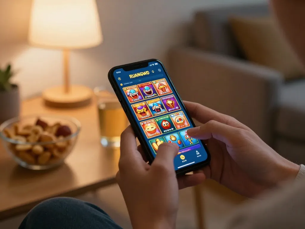 Player engaged in spinning slots on RUANGWD app in a cozy home setting, showcasing responsible gaming.