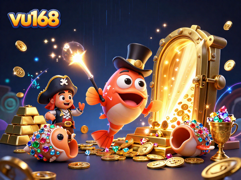 vu168 showcases an exciting scene of treasure-seeking sea creatures in a vibrant casino setting.