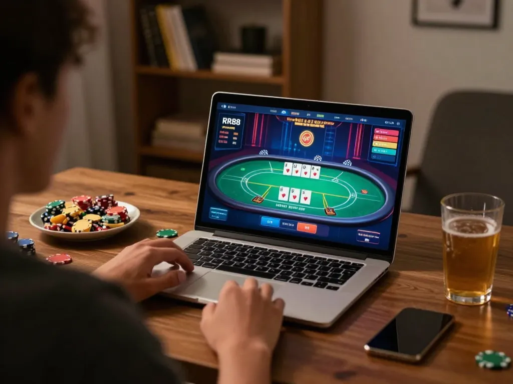Playing card games on RR88 KJC in a cozy home office with engaging online elements.