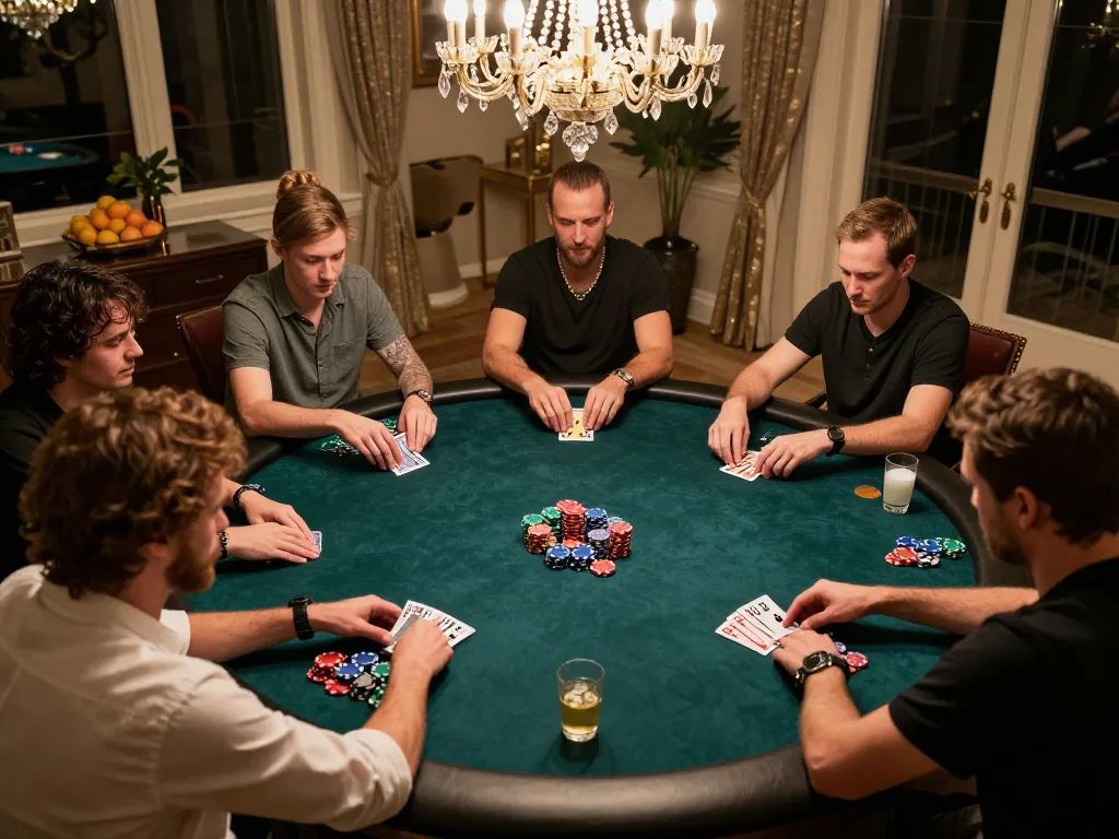 dash88 players engaged in a thrilling poker game at home, showcasing focused strategy and social interactions