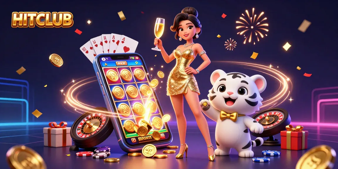 HITCLUB brings excitement to life with a glamorous woman and lucky tiger in a vibrant casino setting.