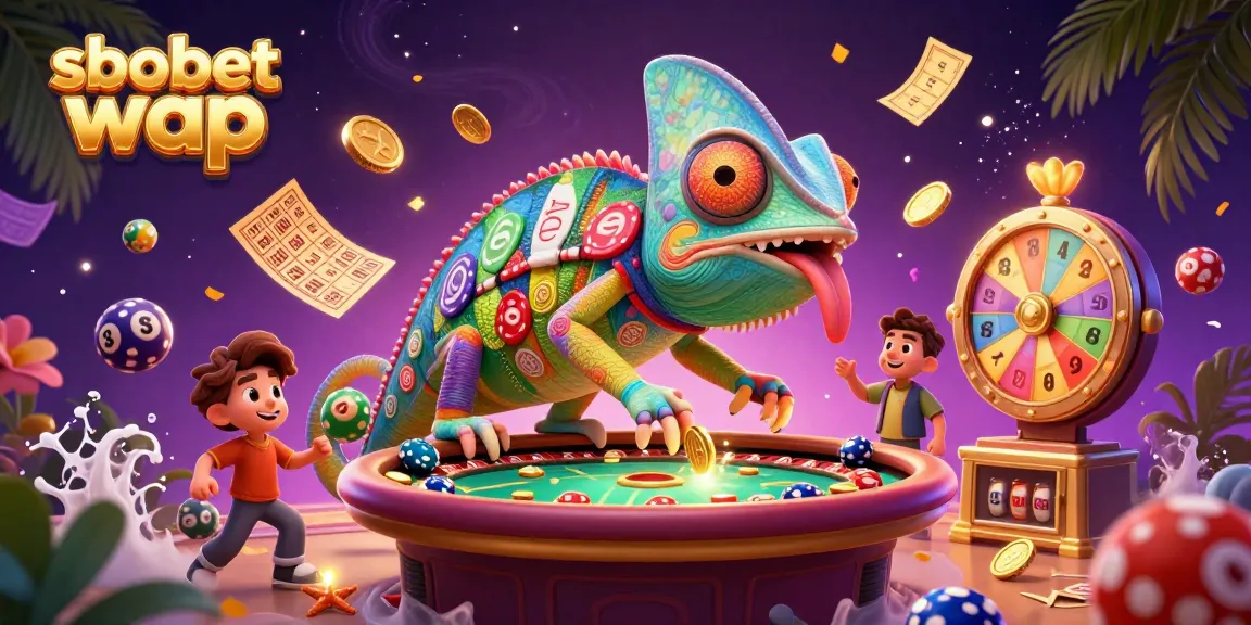 Bet on sbobet wap with vibrant lottery balls and a lucky chameleon casino owner.