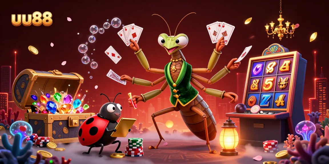 uu88 showcases a dynamic casino scene with a giant mantis card sharp and ladybug pit boss amidst floating slot reels and gold coins.