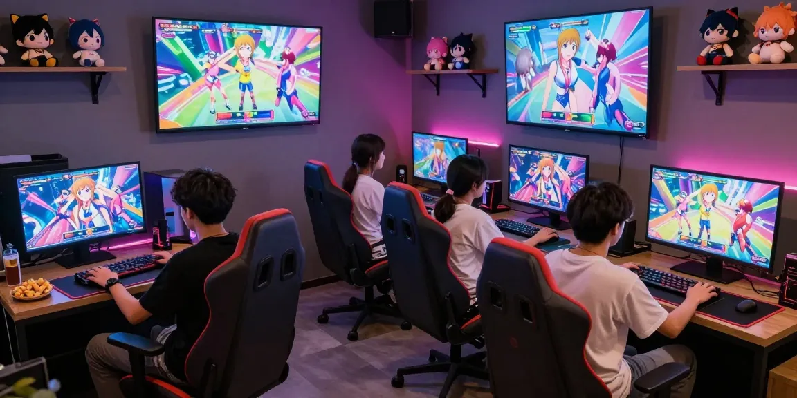 Exciting gaming lounge with friends enjoying hentai games on various screens and vibrant decor.