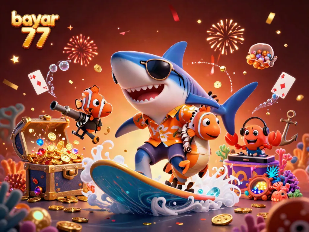Experience thrilling fun with bayar 77 as the shark surfs on a wave of coins amidst a vibrant casino scene.