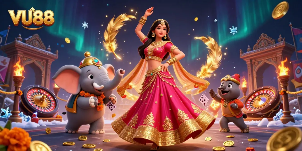 Experience the thrill of VU88 with an exciting casino scene featuring a vibrant woman and a bejeweled elephant.