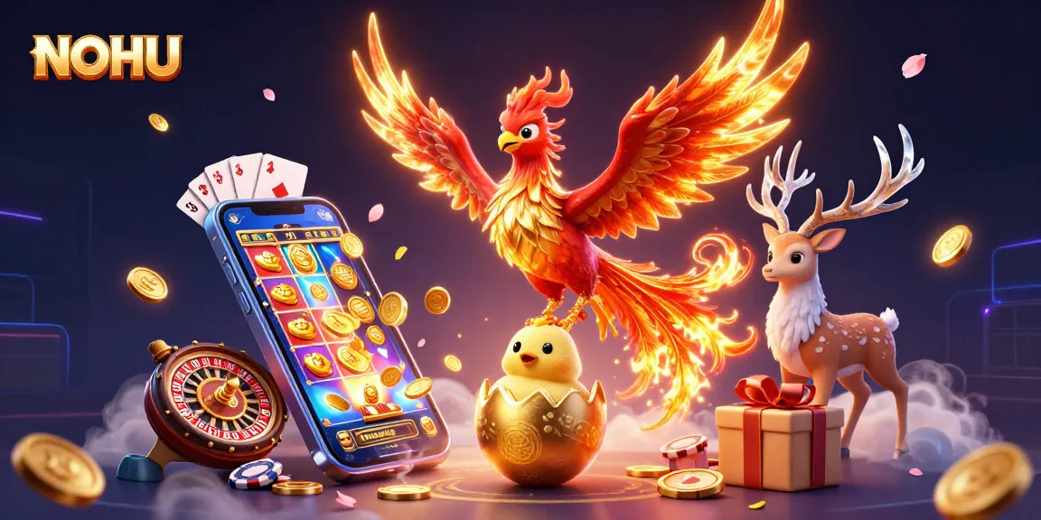 Experience NOHU's vibrant casino world with phoenixes, coins, and games in a thrilling 3D illustration.