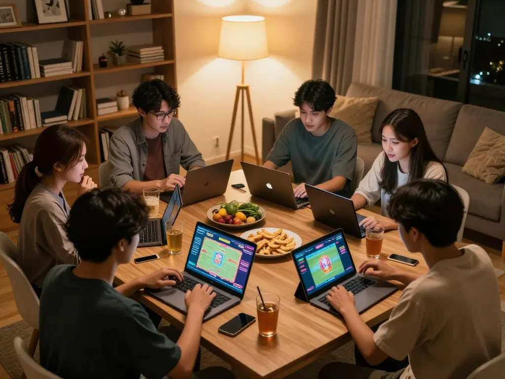 Players enjoying thrilling togel pulsa action in a cozy home game night setting with multiple devices.