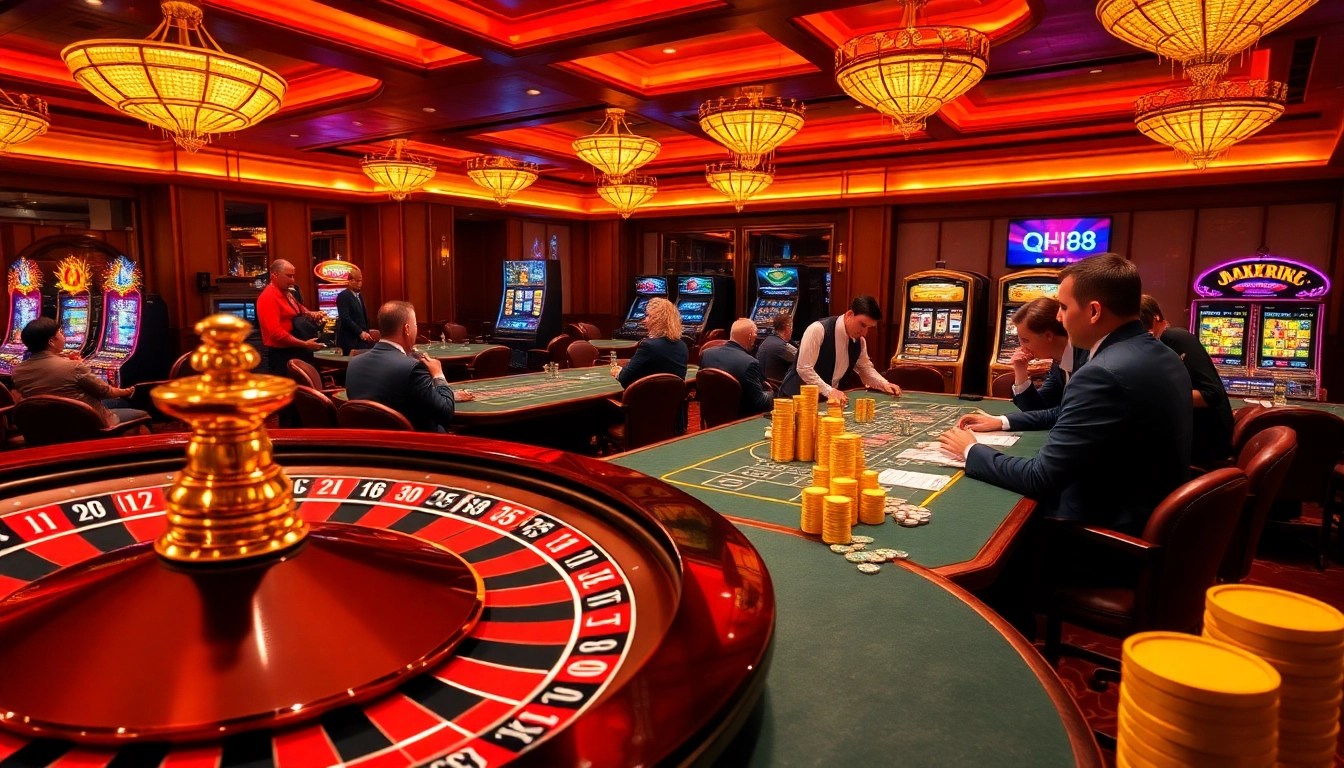 Players at a high-stakes casino enjoying qh88 games with vibrant slot machines and roulette.