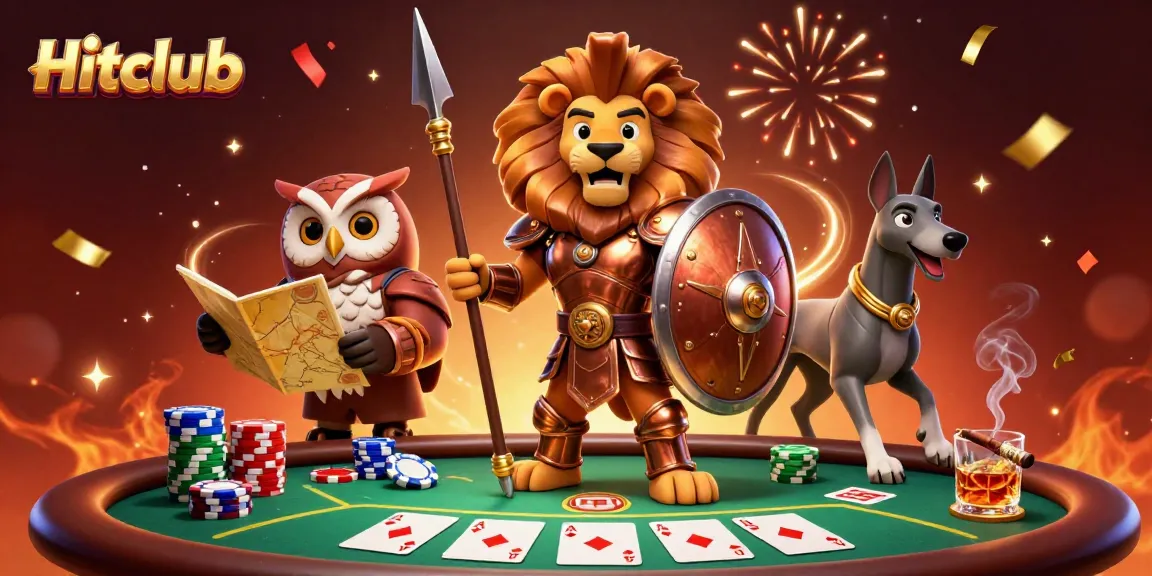 Engage in thrilling gameplay with Hitclub as the Spartan lion and companions strategize over a crowded poker table.