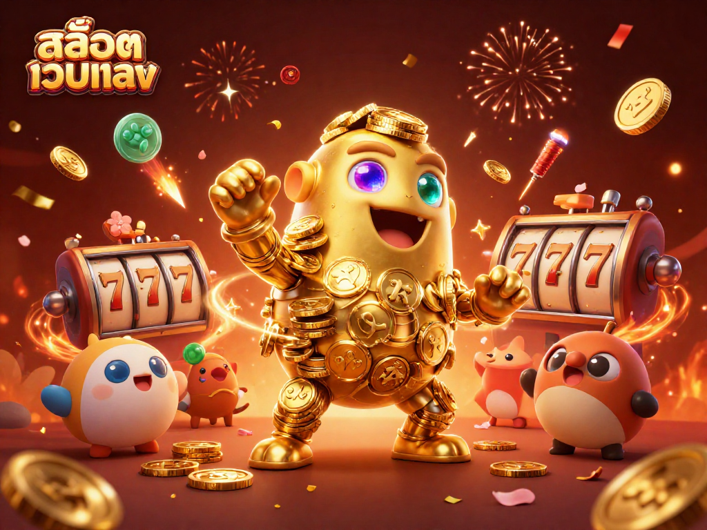 Experience the thrill of สล็อตเว็บตรง with a golden golem and festive casino elements.