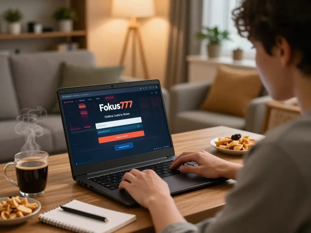 Person engaging with Fokus777 login on a laptop in a cozy home gaming setup.