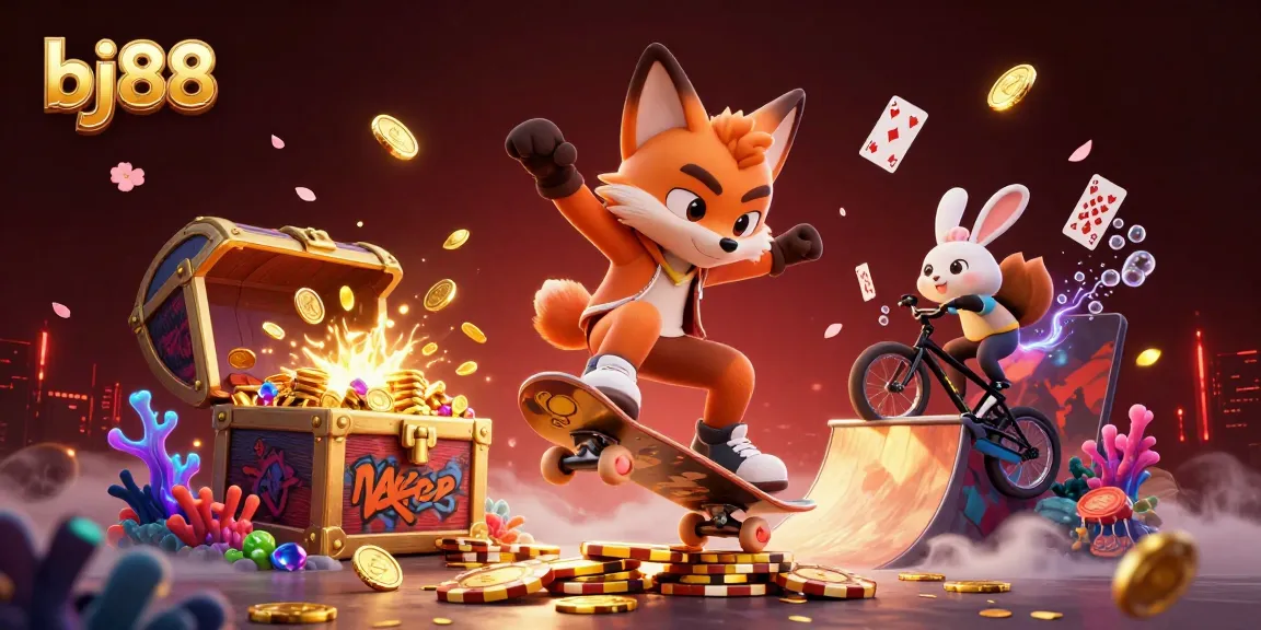 BJ88 enhances the gambling experience with a vibrant 3D illustration of cartoon characters performing tricks in a casino atmosphere.