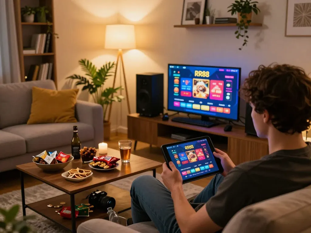 Player engaging with RR88 casino app on tablet in a cozy home gaming setup.