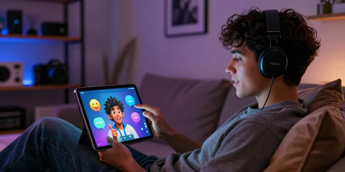 Engaging in ai sex chat with an AI character on a sleek tablet in a cozy lounge.