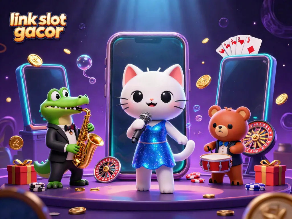 Pemain meraih kemenangan dengan link slot gacor, karakter kartun ceria dan elemen kasino.
