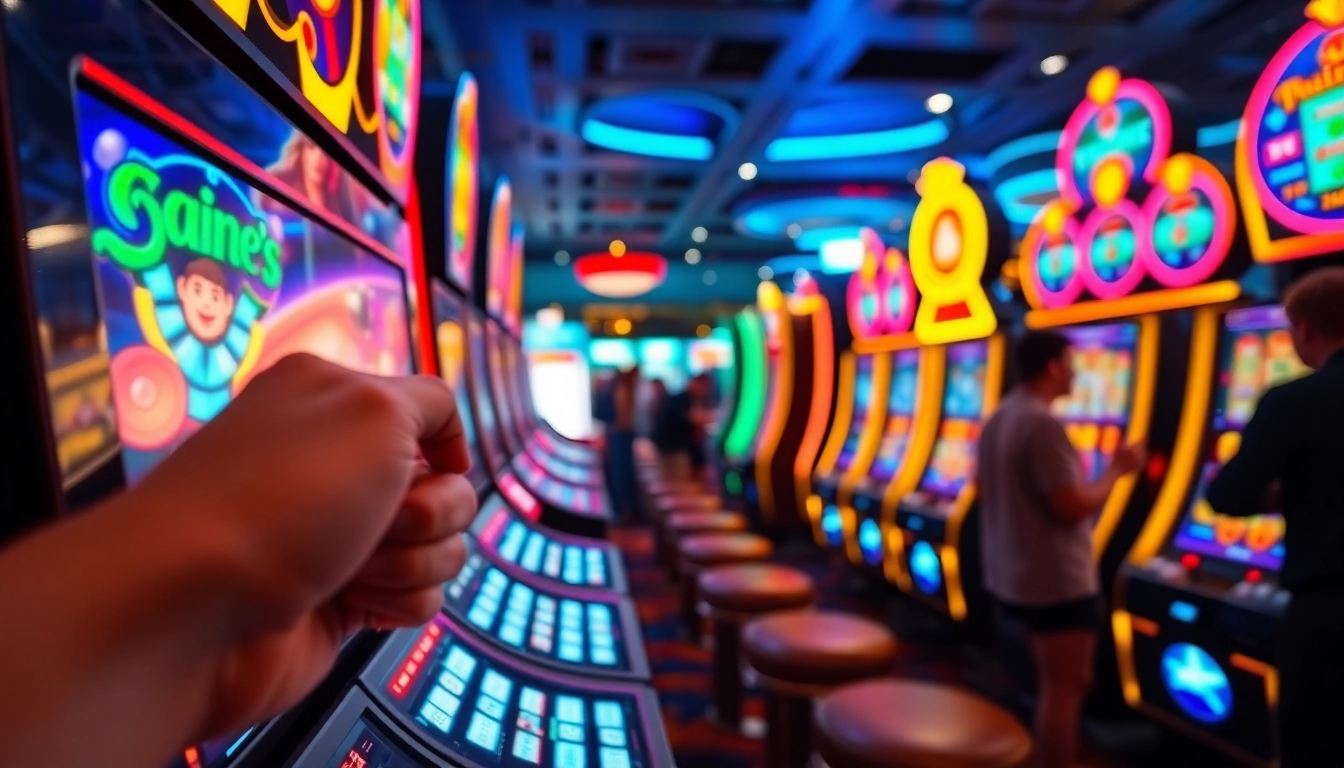 Menarik perhatian dengan slot mesin yang berwarna-warni dan ramai, suasana kasino yang hidup.