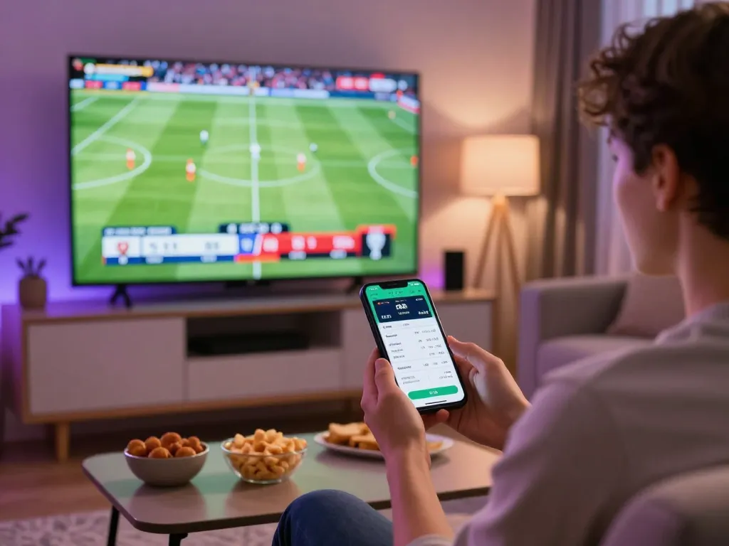 Bsport sports betting excitement as user watches football match while placing bets on smartphone.