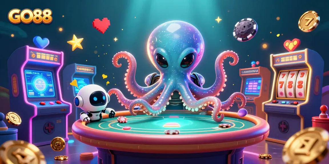 Experience the excitement of GO88 with vibrant slot reels and an alien octopus running a holographic poker table