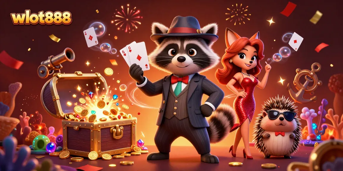Mengikuti taruhan di wslot888 dengan rakun yang memegang royal flush, dikelilingi harta karun dan kartu bermain.