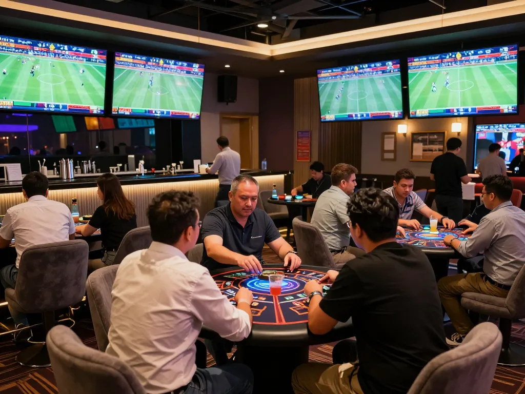 Patrons engaged in dynamic sports betting at CM88, analyzing odds on multiple screens.