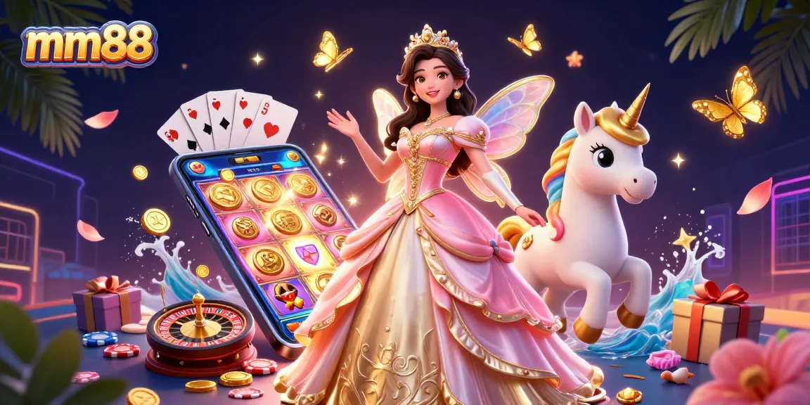 Win big at mm88 with an enchanting illustration of a casino-themed fairy tale featuring a glamorous woman and a golden unicorn.