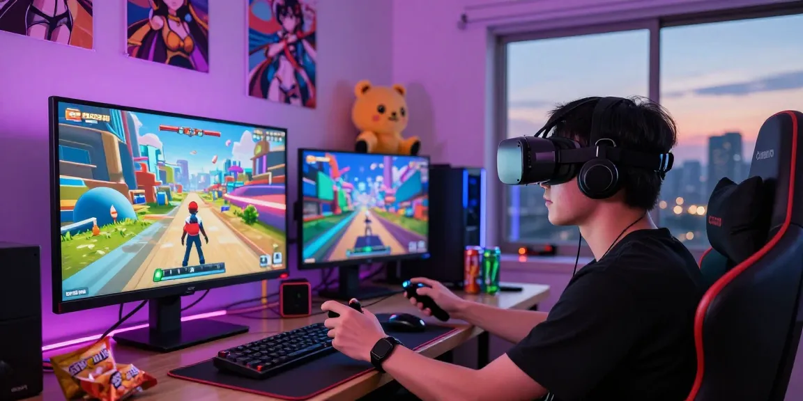 Immersive ecchi game scene with a player in VR setup and vibrant graphics