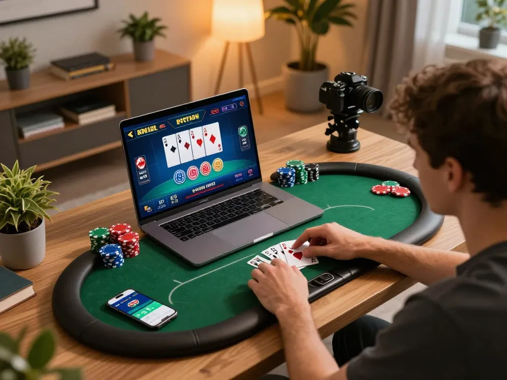 F168 player strategizing their poker game on a laptop with exciting visuals