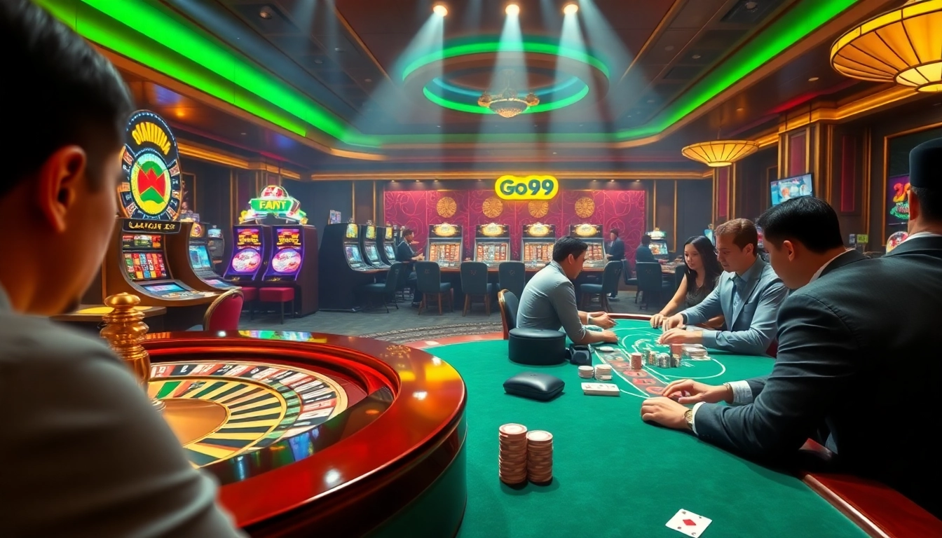 Engaging players at Go 99 poker tables showcasing colorful chips and roulette action.