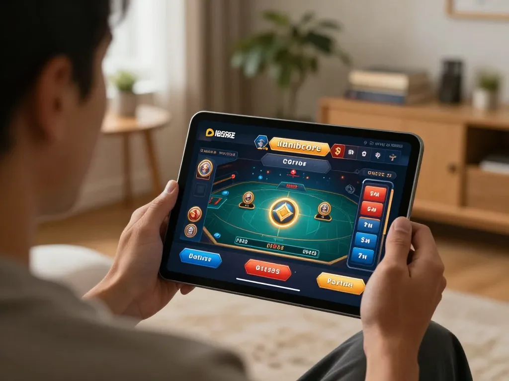 IDNSCORE RESMI gaming scene with player engaged in interactive online casino action on tablet at home