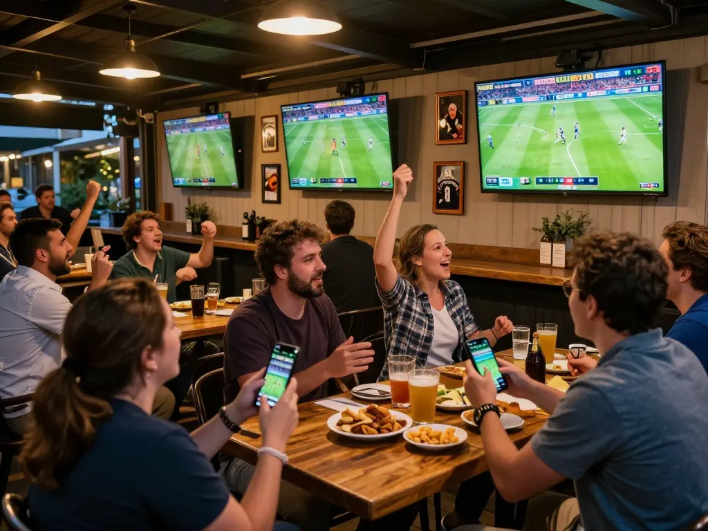 KQBD sports fans cheering at a lively sports bar during a major football match