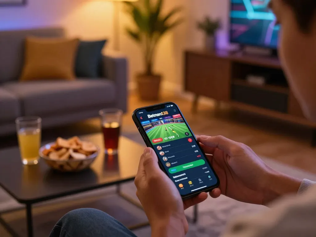 Betmen138 user engaged in live sports betting on smartphone in cozy home setting