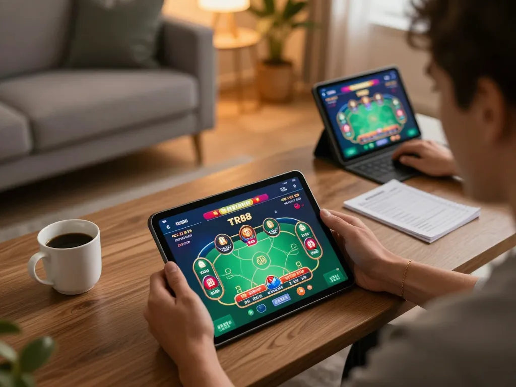 Engaging with TR88 casino app on tablet for strategic gameplay in a cozy home setting.