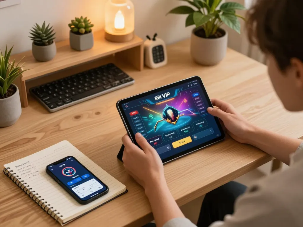 Engaged player exploring rik vip online gaming app on tablet in cozy home setting.