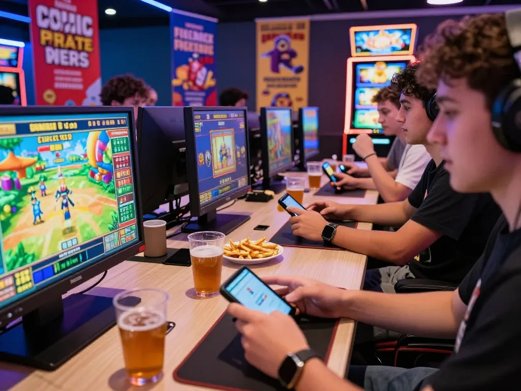 Engaged players enjoying Game tv88 at a lively gaming station, showcasing excitement and camaraderie.