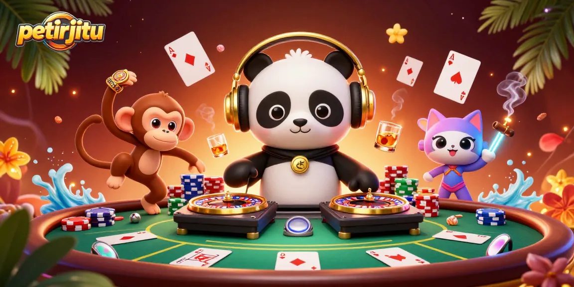 Permainan kasino menarik di petirjitu dengan panda DJ dan karakter unik menari di latar belakang penuh warna.