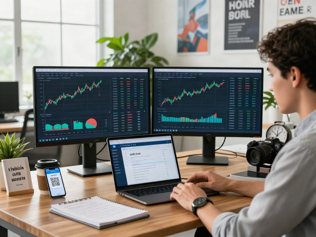 Professional analyzing slot 5k qris payment options on dual monitors in a modern financial workspace.