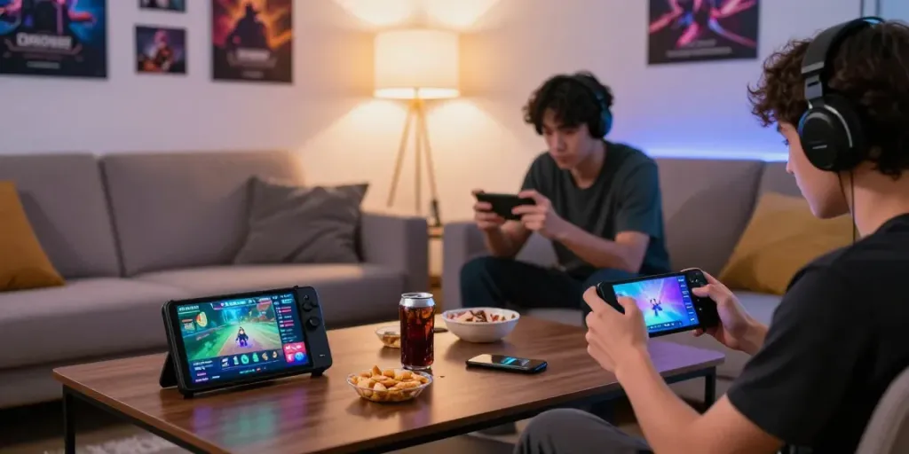 Engaged gamer playing ORION88 APK on smartphone in a cozy living room.