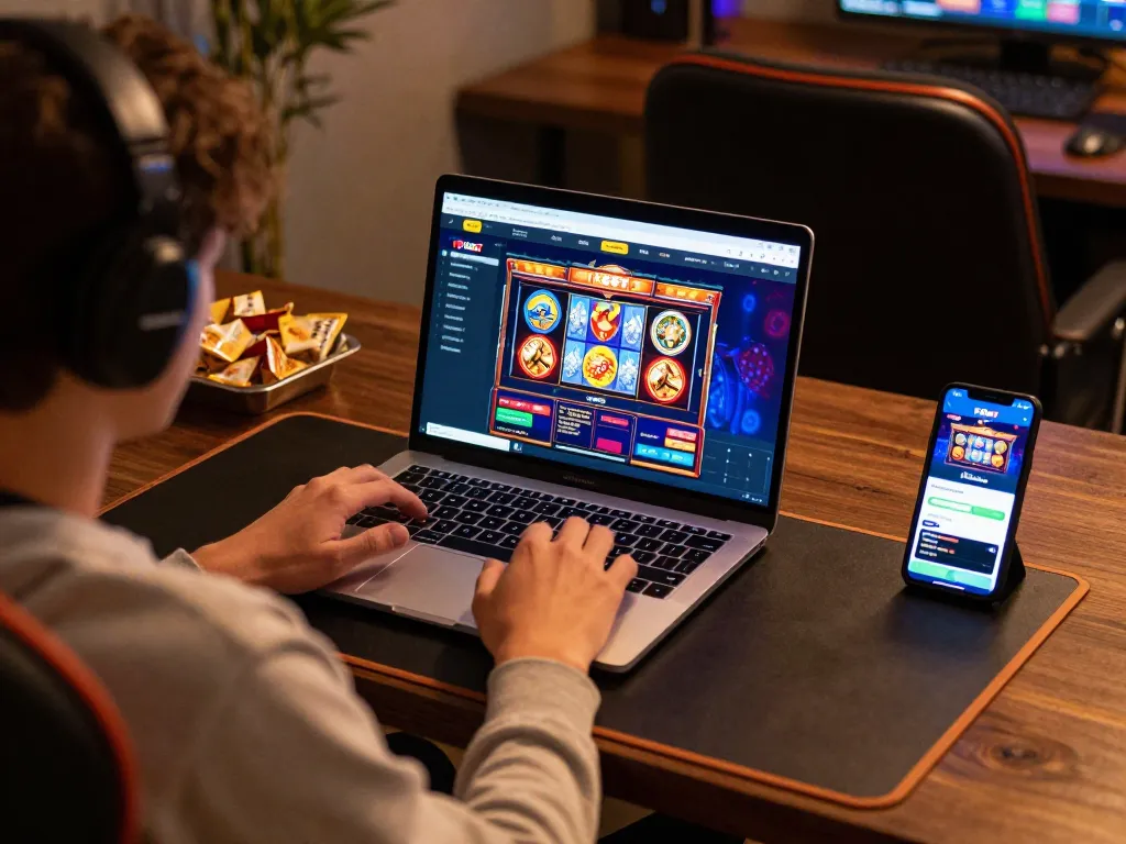 Experience thrilling gameplay with F8bet in a cozy online gaming setup, laptop showcasing colorful casino interface.