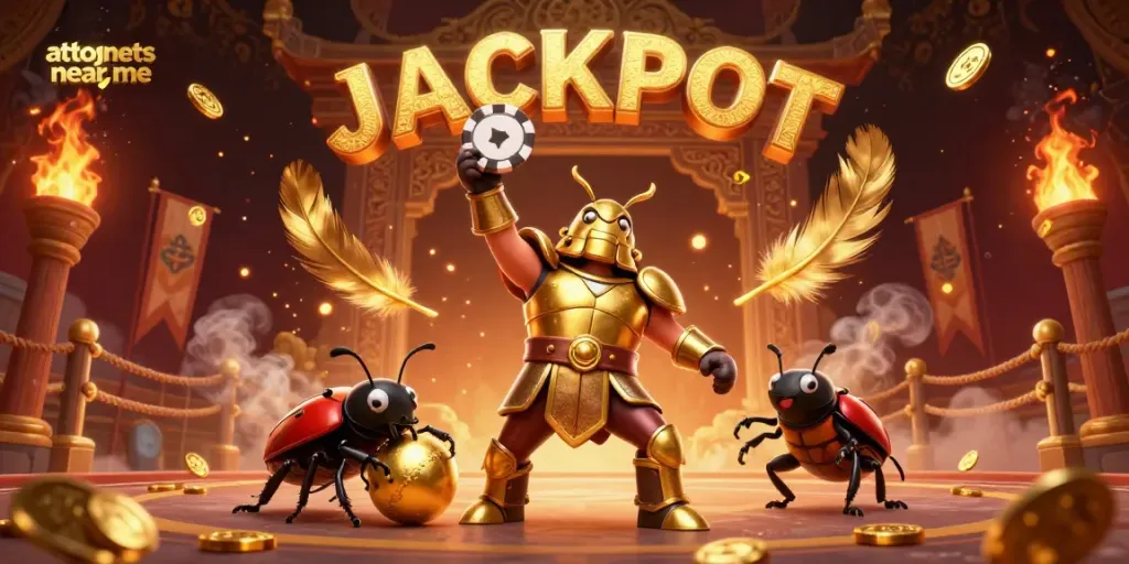 Attorneys near me inspire winning vibes in a vibrant jackpot scene with 3D beetles and casino elements.