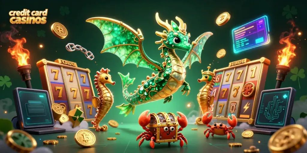 Experience thrilling gameplay at credit card casinos featuring vibrant slot reels and a whimsical sea dragon.