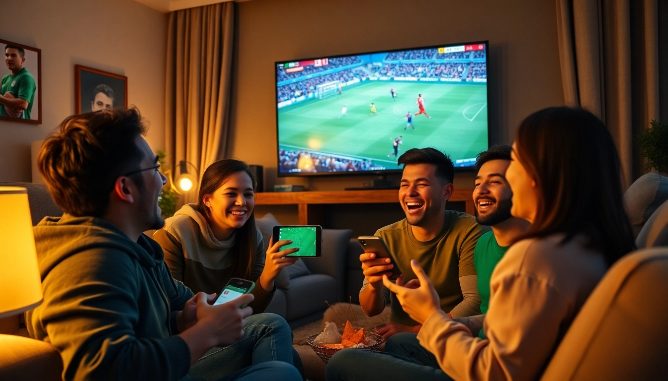 Passionate fans enjoying live football streaming on Cakhia TV in a cozy setting.