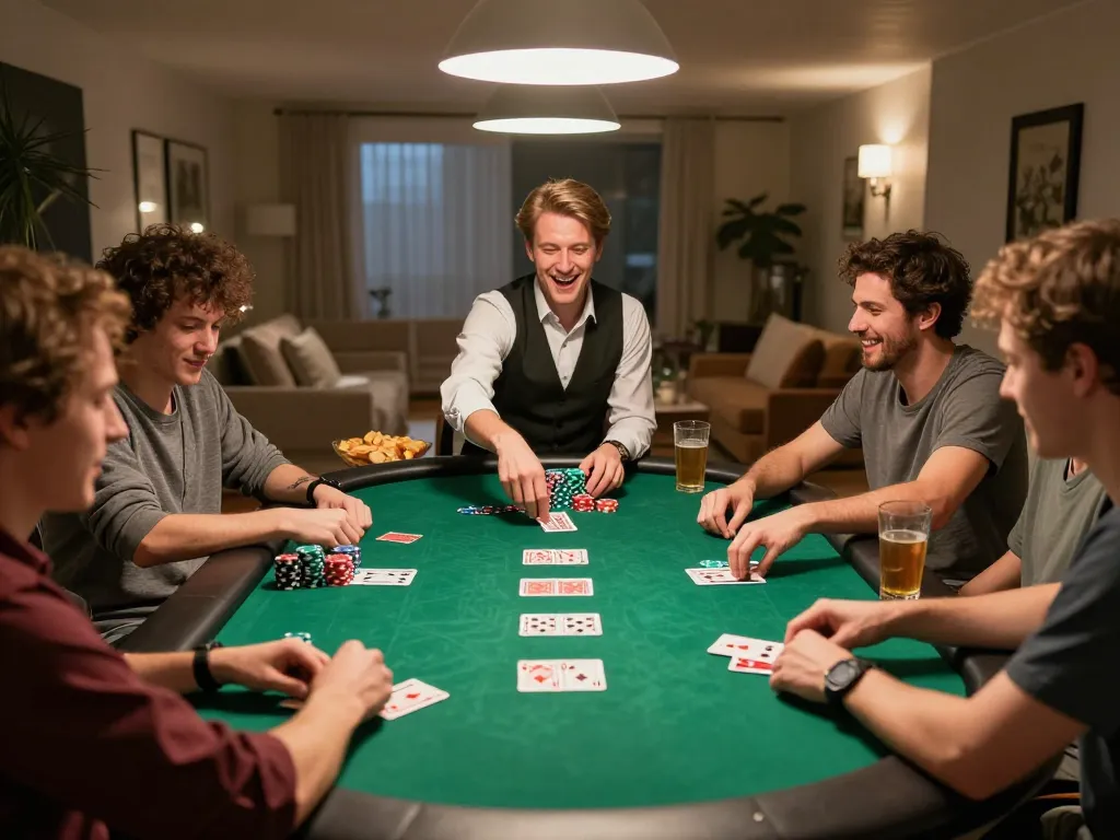 Friends enjoying a lively poker game night with chips and cards, 7-hd entertainment experience.