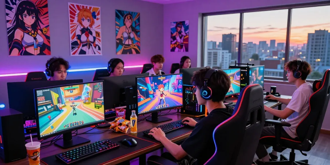 Engaging gamer enjoying hentai games in a colorful digital space, showcasing vibrant anime graphics and gaming setup.
