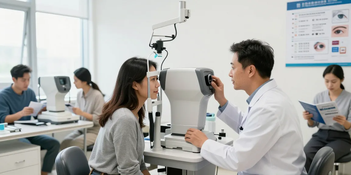 Optometrist examining patient in modern clinic showcasing 라섹 종류 services.