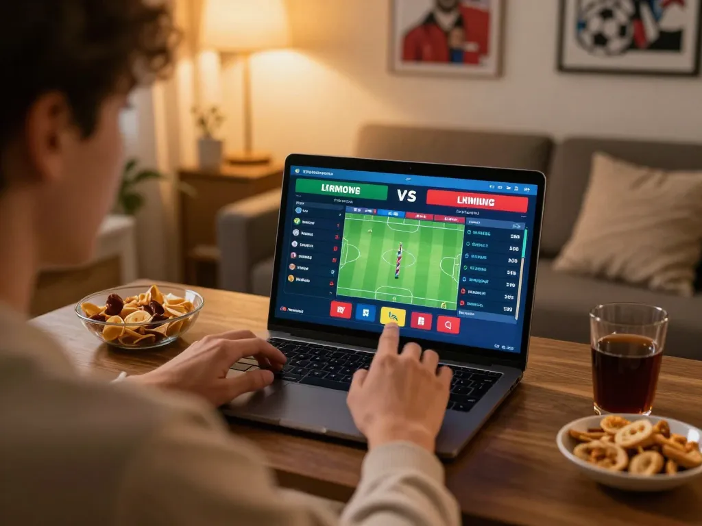 Tỷ lệ kèo nhà cái 5 showcased as person engages in online sports betting action, laptop screen displaying live odds.