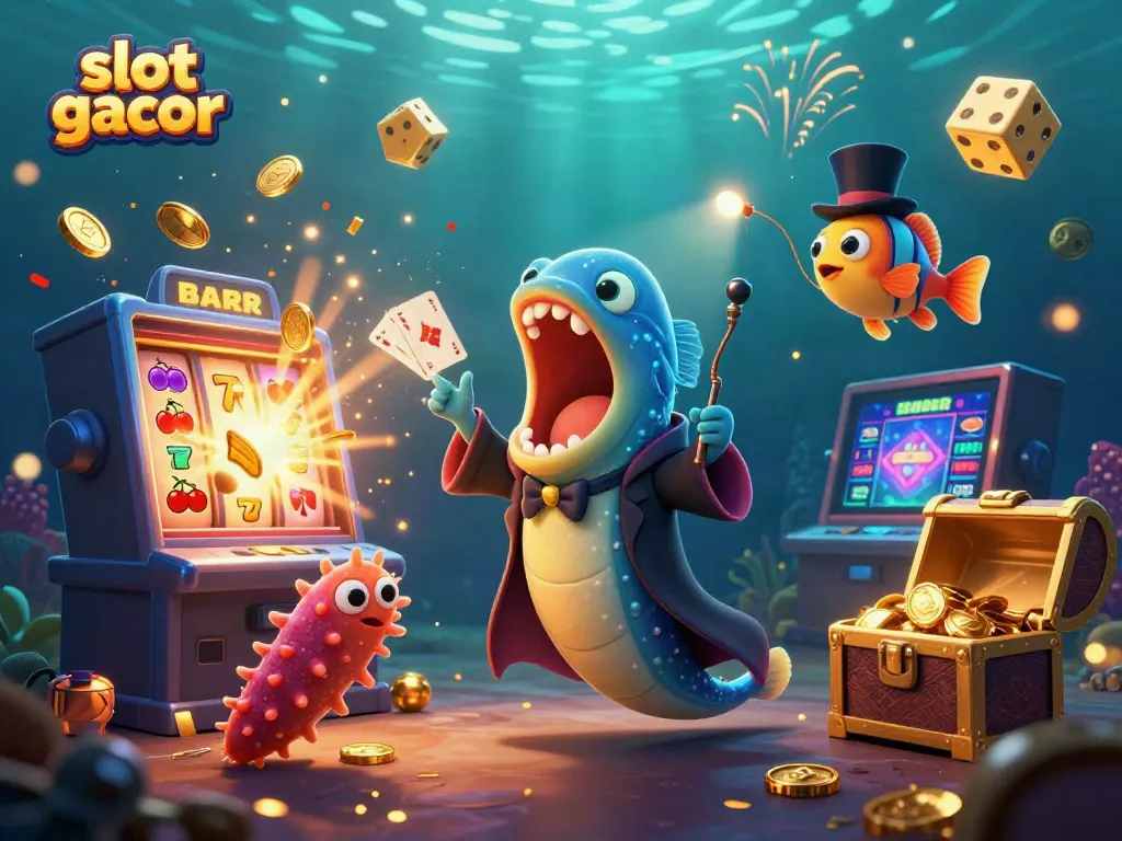 Experience excitement with slot gacor as bioluminescent sea creatures perform magical wins in this vibrant illustration.