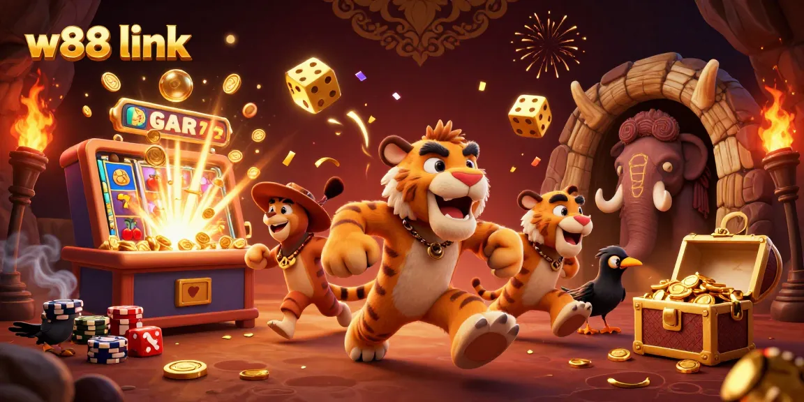 Engage with the exciting w88 link in a vibrant casino scene featuring animated characters and dynamic gaming elements.