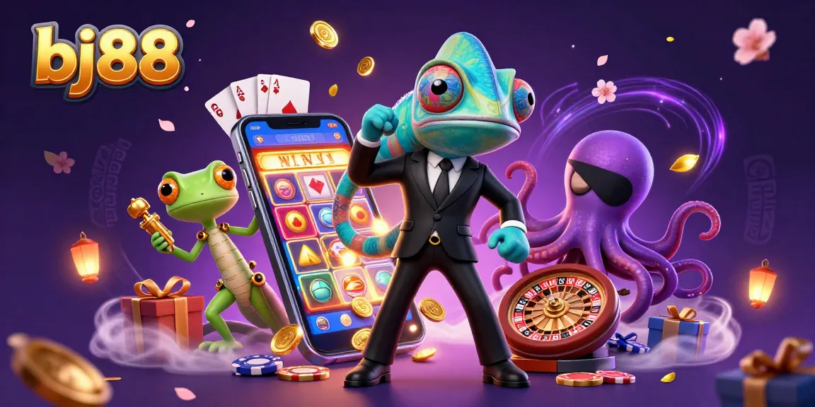 A colorful scene showcasing bj88 characters, including a chameleon and octopus, amidst casino game elements.